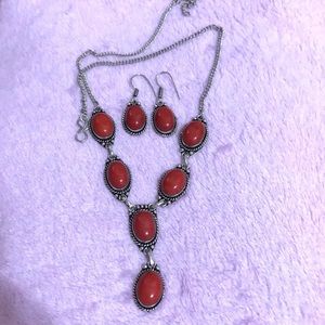 GENUINE ITALIAN RED CORAL ONYX GEMSTONE STERLING SILVER NECKLACE EARRINGS SET